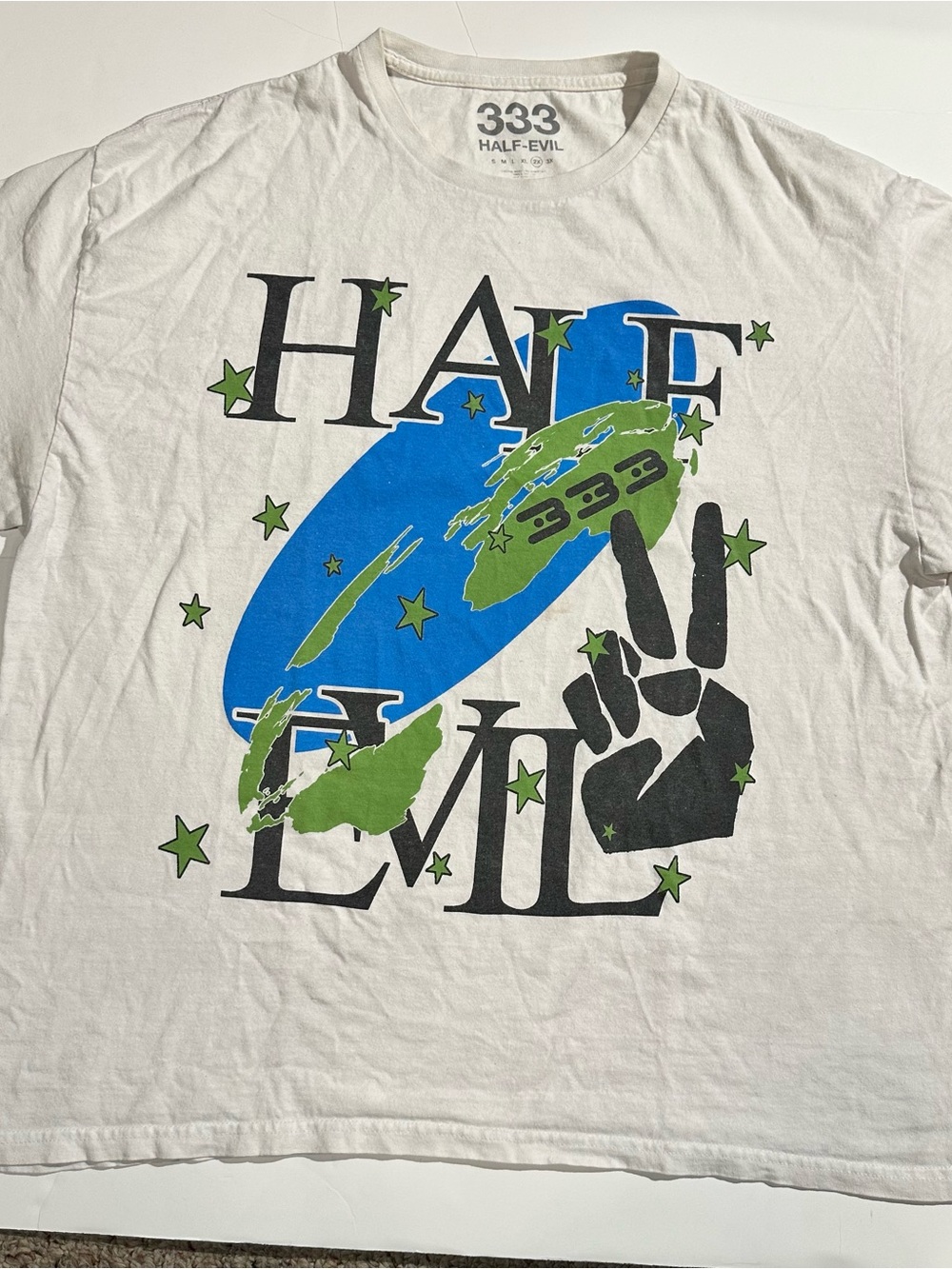 HALF EVIL 333 White Short Sleeve Graphic Tee with Blue & Green Print Size 2X